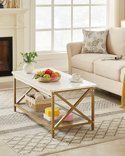 VECELO Coffee Table with Storage Shelf for Living Room,Industrial Style,Easy Assembly, Gold - LeafyLoom