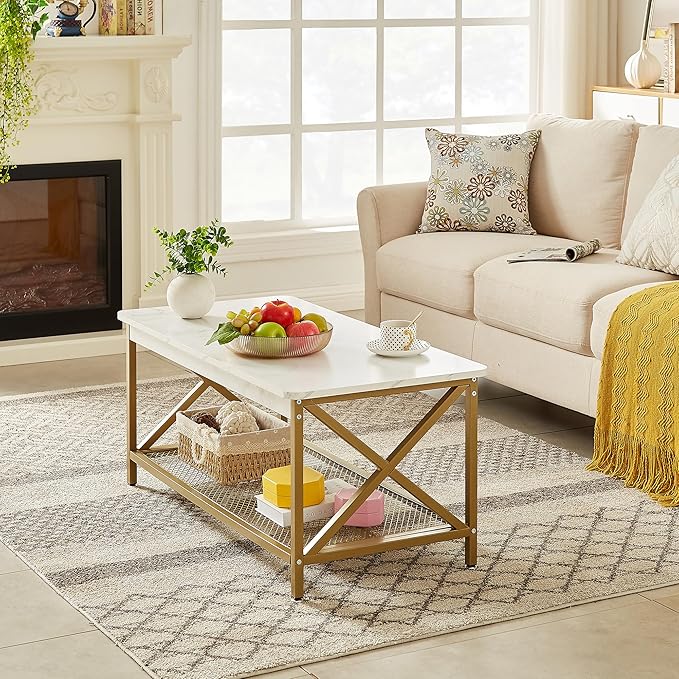 VECELO Coffee Table with Storage Shelf for Living Room,Industrial Style,Easy Assembly, White Gold - LeafyLoom