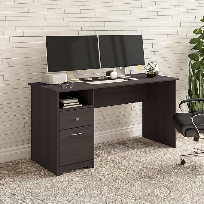 Bush Business Furniture Cabot Desks for Home Office with Storage and Chrome Hardware, Elegant Computer Table with Drawers, 60W, Heather Gray - LeafyLoom
