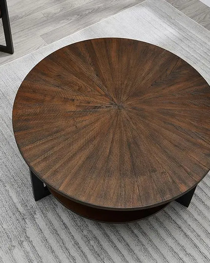 MODERION Round Coffee Table with Storage Shelf, Farmhouse Living Room Cocktail Black Metal Legs, Circular Solid Wood Center Tea Table, Sofa 35.3-''Dx17.8-''H, Natural Brown KFZ1338NC - LeafyLoom