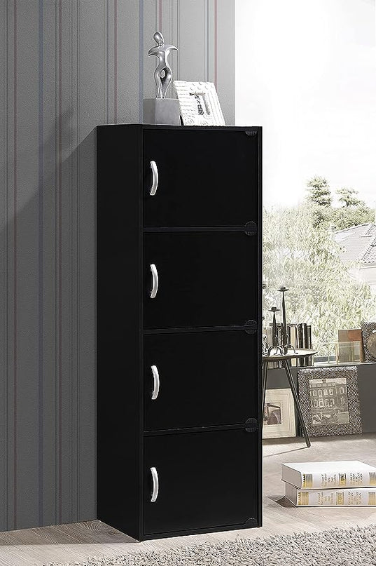 HODEDAH IMPORT 4-Shelf Bookcase Cabinet, Black - LeafyLoom