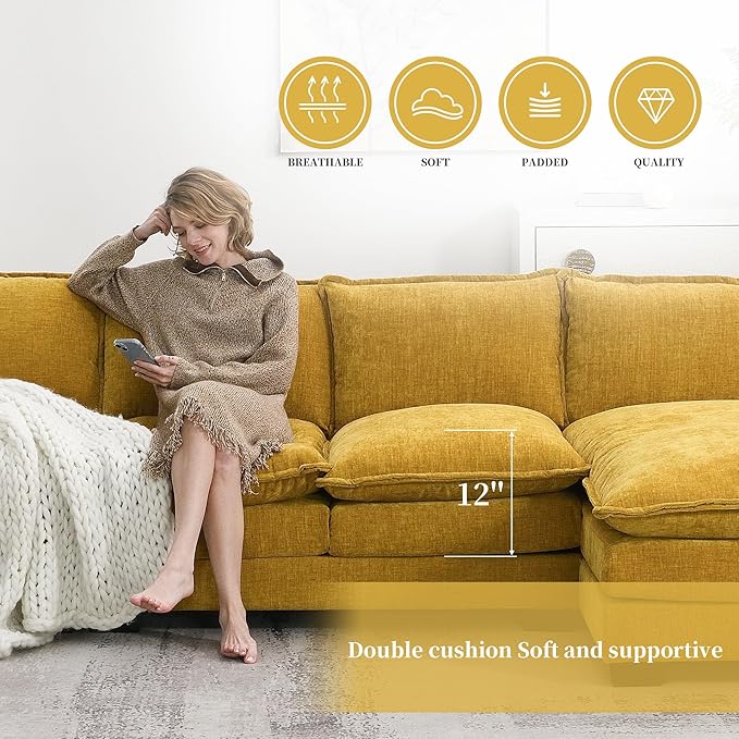 118" Sectional Sofa, L-Shaped Couch Set with Double Cushions and Chaise Lounge, 5-seat Upholstered Indoor Furniture for Living Room, Apartment, Office, 118inch, Yellow - LeafyLoom