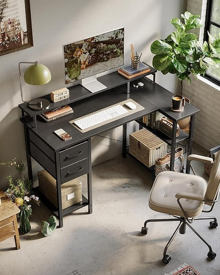 CubiCubi L Shaped Computer Desk with Monitor Stand & Shelves, 47 Inch Corner Home Office Desk Writing Table with Storage Drawer, Blck - LeafyLoom