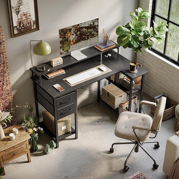 CubiCubi L Shaped Computer Desk with Monitor Stand & Shelves, 47 Inch Corner Home Office Desk Writing Table with Storage Drawer, Blck - LeafyLoom