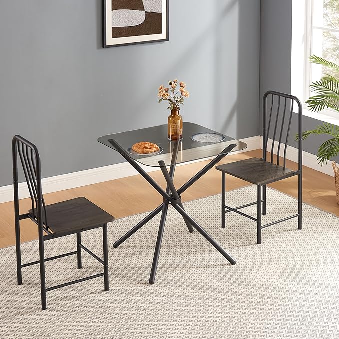 NicBex Small Dining Table for 2 Kitchen Table and Chairs Square Glass Tempered Dining Table with 4 Legs and 2 Metal Chair for Home Office Kitchen Dining Room, Antique Brown - LeafyLoom