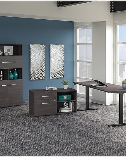 Bush Business Furniture Office 500 Height Adjustable Standing Desk with Storage and Bookcase, 72W, Storm Gray - LeafyLoom