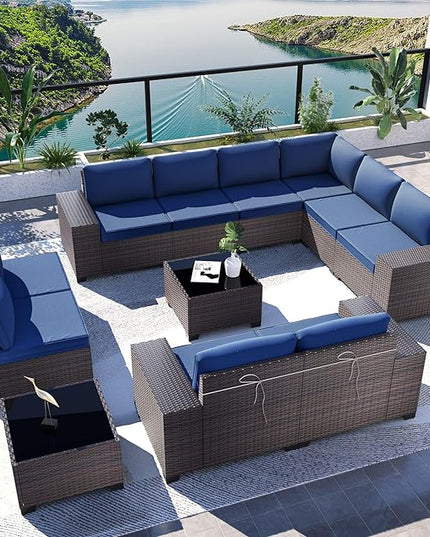 Kullavik 12PCS Outdoor Patio Furniture Set PE Wicker Rattan Sectional Sofa Patio Conversation Sets,Navy blue - LeafyLoom