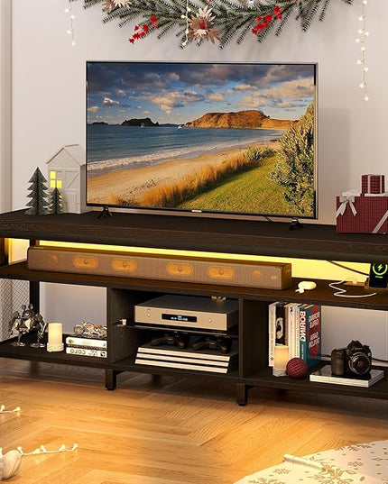 YITAHOME LED Television Stands w/Power Outlets for 70/65 inch, Modern Industrial TV Stand, Entertainment Center w/Open Storage TV Table, Entertainment Center for 360lbs for Living Room,Black - LeafyLoom