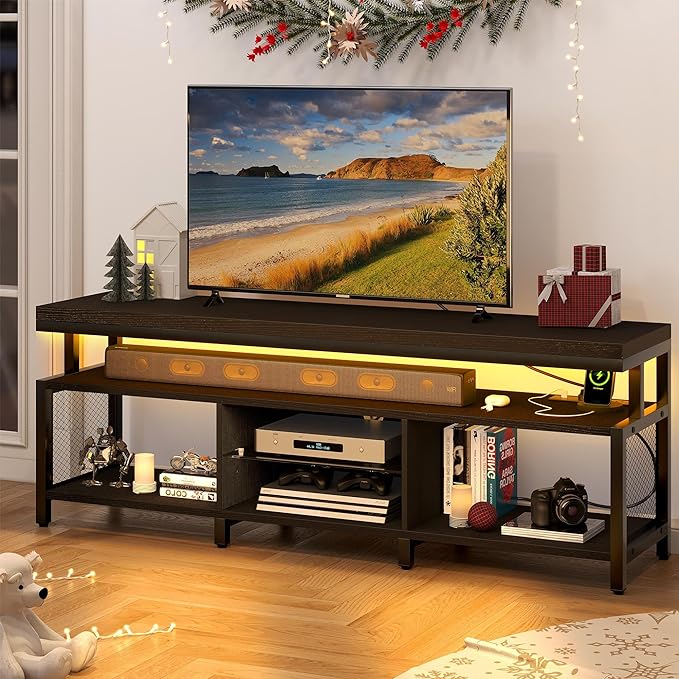 YITAHOME LED Television Stands w/Power Outlets for 70/65 inch, Modern Industrial TV Stand, Entertainment Center w/Open Storage TV Table, Entertainment Center for 360lbs for Living Room,Black - LeafyLoom