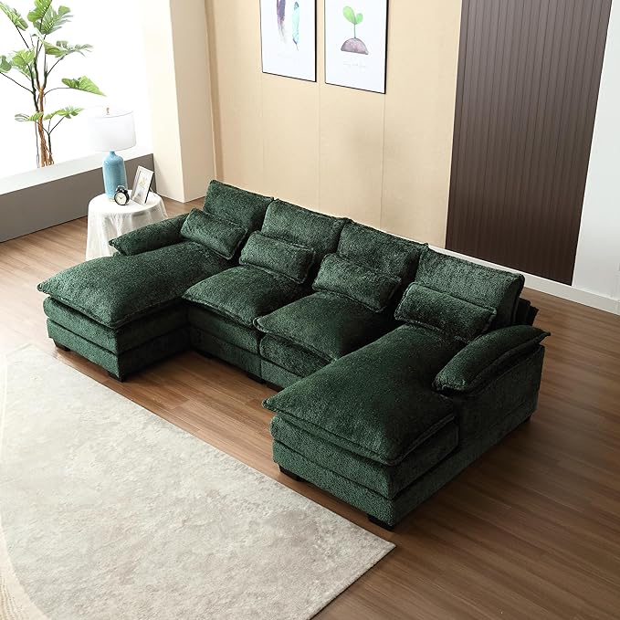 Oversized Modular Sectional Sofa Cloud Couch, U Shaped Chenille Upholstered Overstuffed Corner Couch with Double Chiase Lounge and Solid Wood Legs, 6 Seater Soft Sleeper Sofa&Couches for Home - LeafyLoom