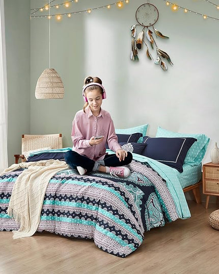 Degrees of Comfort Teen Twin Complete Comforter Sets for Girls, Boho Medallion Tween Bed in A Bag 6 Piece, Blue Microfiber Bedding Set with Sheets, Matching Decorative Pillow - LeafyLoom