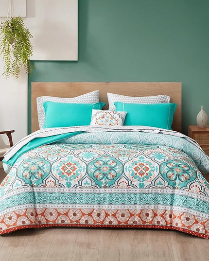 Degrees of Comfort Twin Bed in A Bag 6 Piece, Lattice Boho Bedding Sets for Teen Girls, Aqua Floral Bed Set, Microfiber Colorful Comforter Set with Sheets, Matching Decorative Pillow - LeafyLoom