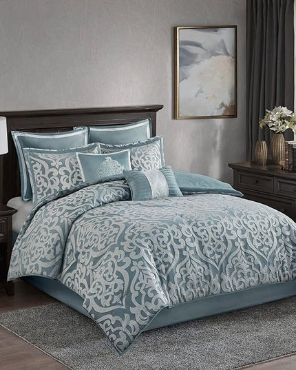 Madison Park Odette Cozy Comforter Set Jacquard Damask Medallion Design - Modern All Season, Down Alternative Bedding, Shams, Decorative Pillows, Queen(90 in x 90 in), Aqua - LeafyLoom