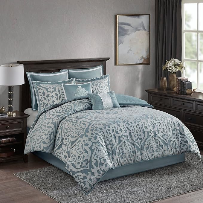 Madison Park Odette Cozy Comforter Set Jacquard Damask Medallion Design - Modern All Season, Down Alternative Bedding, Shams, Decorative Pillows, Queen(90 in x 90 in), Aqua - LeafyLoom