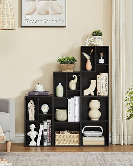 VECELO 3-Tier Small Bookcase, 4 Cube Bookshelf with Height Difference Shelves for Most Books, Modern Floor Standing Unit, Each Shelf Hold Up to 66 LBS for Living Room Bedroom, Vintage Black - LeafyLoom