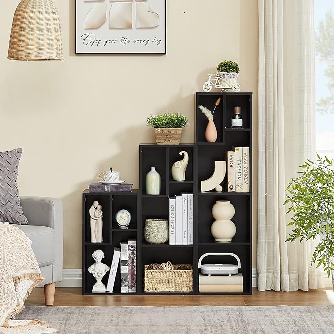 VECELO 3-Tier Small Bookcase, 4 Cube Bookshelf with Height Difference Shelves for Most Books, Modern Floor Standing Unit, Each Shelf Hold Up to 66 LBS for Living Room Bedroom, Vintage Black - LeafyLoom