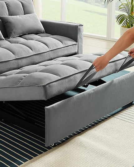 3 in 1 Convertible Loveseat Sleeper Sofa Bed,Modern Velvet Tufted Upholstered Love Seats Sofabed W/Pull Out Sleep Couch and 2 Pillows for Living Room, 55.21", Grey-1123 - LeafyLoom