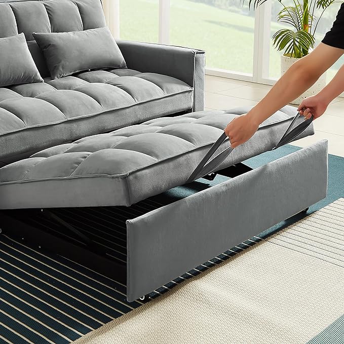 3 in 1 Convertible Loveseat Sleeper Sofa Bed,Modern Velvet Tufted Upholstered Love Seats Sofabed W/Pull Out Sleep Couch and 2 Pillows for Living Room, 55.21", Grey-1123 - LeafyLoom
