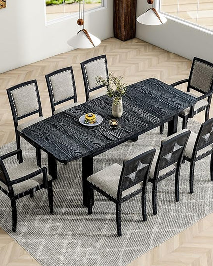 NicBex Dining Table Kitchen & Dining Room Tables Rustic Extendable 84Inch Dining Table Set with 24Inch Removable Leaf, 6 Upholstered Armless Dining Chairs and 2 Padded Chairs, Black+ Gray - LeafyLoom