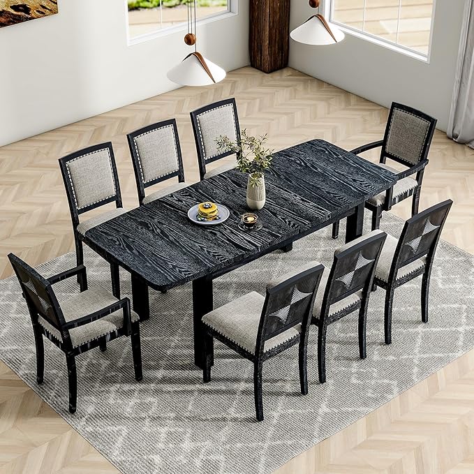 NicBex Dining Table Kitchen & Dining Room Tables Rustic Extendable 84Inch Dining Table Set with 24Inch Removable Leaf, 6 Upholstered Armless Dining Chairs and 2 Padded Chairs, Black+ Gray - LeafyLoom