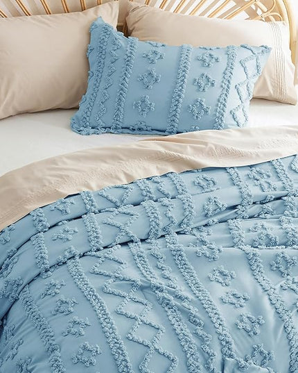 Bedsure Tufted Boho Comforter Set Full - Dusty Blue Boho Bedding Comforter Set, 3 Pieces Farmhouse Shabby Chic Embroidery Bed Set, Soft Jacquard Comforter for All Seasons - LeafyLoom