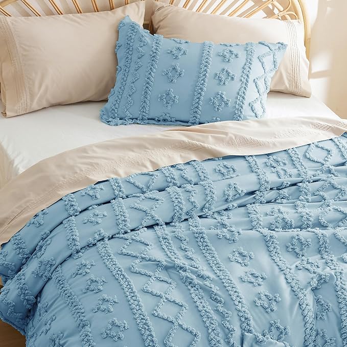 Bedsure Tufted Boho Comforter Set Full - Dusty Blue Boho Bedding Comforter Set, 3 Pieces Farmhouse Shabby Chic Embroidery Bed Set, Soft Jacquard Comforter for All Seasons - LeafyLoom