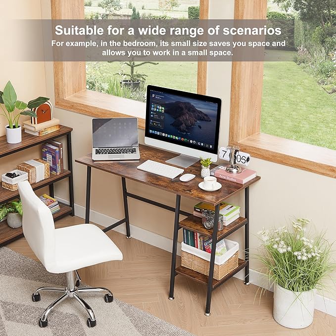 VECELO 43 Inch Computer Desk Writing Study Work Office Table Modern desk with shelves wooden desk for Home Bedroom,Walnut Desk - LeafyLoom