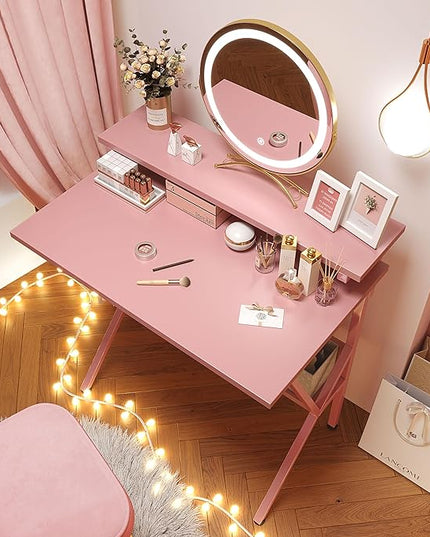 COTUBLR Small Desk, 27.5 Inch Small Computer Desk for Small Spaces, Computer Desk with Adjustable Monitor Stand, Compact Desk with Storage, Tiny Desk Study Desk for Bedroom Home Office, Pink - LeafyLoom