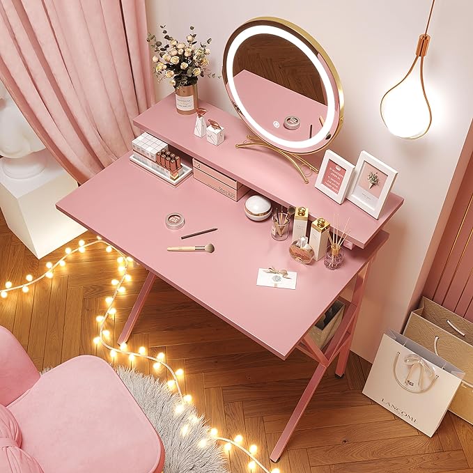COTUBLR Small Desk, 27.5 Inch Small Computer Desk for Small Spaces, Computer Desk with Adjustable Monitor Stand, Compact Desk with Storage, Tiny Desk Study Desk for Bedroom Home Office, Pink - LeafyLoom