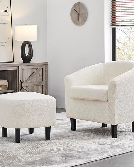Yaheetech Accent Chair and Ottoman Set, Modern Fuzzy Sherpa Barrel Chair and Footrest, Comfy Boucle Armchair and Footstool for Living Room/Bedroom/Reading Room/Guestroom, Ivory - LeafyLoom
