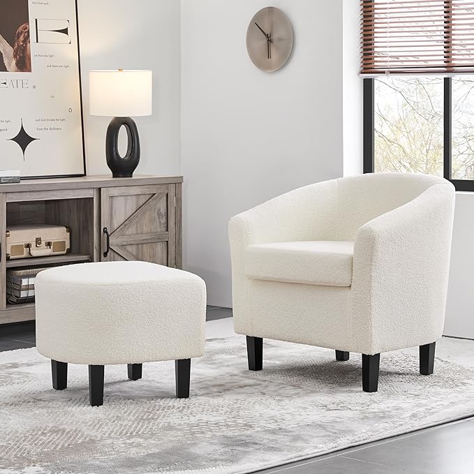 Yaheetech Accent Chair and Ottoman Set, Modern Fuzzy Sherpa Barrel Chair and Footrest, Comfy Boucle Armchair and Footstool for Living Room/Bedroom/Reading Room/Guestroom, Ivory - LeafyLoom