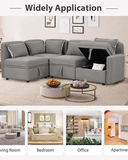 123" Modular Sectional Sofa, Convertible Minimalist 4-seat Couch with 5 Pillows for Living Room,Apartment, Free Combination, 122.8inch, Gray - LeafyLoom