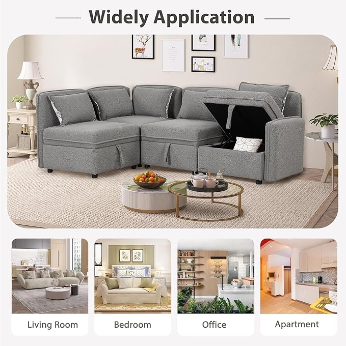 123" Modular Sectional Sofa, Convertible Minimalist 4-seat Couch with 5 Pillows for Living Room,Apartment, Free Combination, 122.8inch, Gray - LeafyLoom