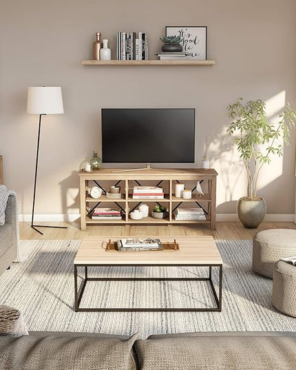 Henn&Hart Rectangular TV Stand for TV's up to 65" in White Oak, Electric Fireplace TV Stands for the Living Room - LeafyLoom