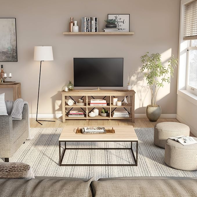 Henn&Hart Rectangular TV Stand for TV's up to 65" in White Oak, Electric Fireplace TV Stands for the Living Room - LeafyLoom