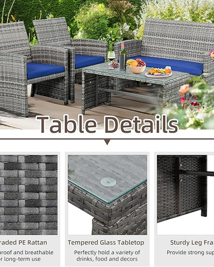 Shintenchi 4-Piece Outdoor Gray Wicker Patio Conversation Furniture Set, Rattan Patio Furniture Set with Weather Resistant Cushions and Tempered Glass Tabletop,Navy Blue - LeafyLoom