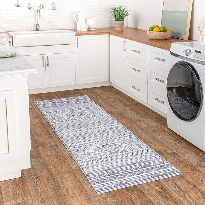 nuLOOM Jenine Southwestern Machine Washable Ultra Thin Runner Rug, 2' 6" x 8', Grey - LeafyLoom
