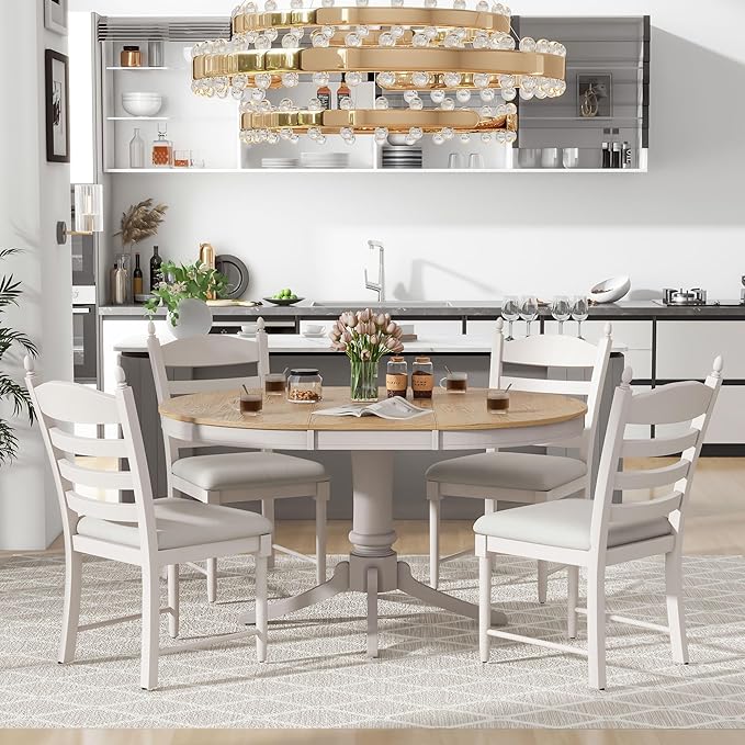 RITSU 5-Piece Round Extendable Dining Set, Included Solid Wood 42"-58'' Adjustable Tables and 4 Upholstered Chairs, Retro Functional Dinette Furniture for Kitchen Living Room, Off White - LeafyLoom