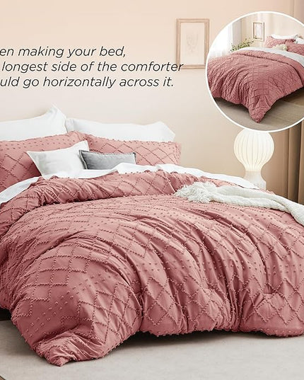 Bedsure King Size Comforter Set - Pink Clay Boho Comforter, Tufted Shabby Chic Bedding Comforter Set, 3 Pieces Vintage Farmhouse Bed Set for All Seasons, Fluffy Soft Bedding Set with 2 Pillow Shams - LeafyLoom