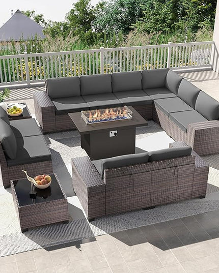 Kullavik 13PCS Outdoor Patio Furniture Set with 43" 55000BTU Gas Propane Fire Pit Table PE Wicker Rattan Sectional Sofa Patio Conversation Sets,Grey - LeafyLoom