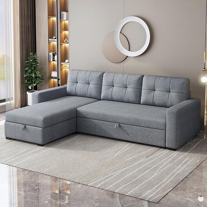 Convertible Sectional Sleeper Sofa with Storage Chaise,L Shaped Pull Bed W/ 3 Removable Back Cushions,Linen Upholstered Corner-Couch for Living Room,Office,Apartment,Light Grey,81.5" - LeafyLoom