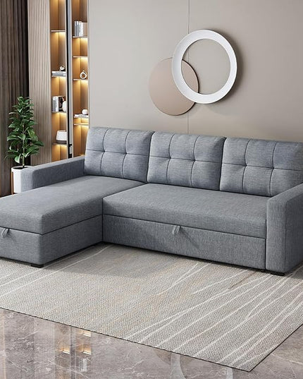 Ball & Cast 81.5'' L-Shape Convertible Sleeper Sofa,Sectional Living Room,with Pull Out Bed and Storage Recliner,Reversible Couch for Bedroom,Office, Light Grey - LeafyLoom