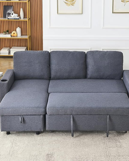 Reversible Sleeper Sectional Sofa with Storage Chaise and Pull Out Bed, L Shaped Linen Upholstery Convertible Corner Couch Sofabed with Cup Holders & Side Pockets for Living Room Office - LeafyLoom