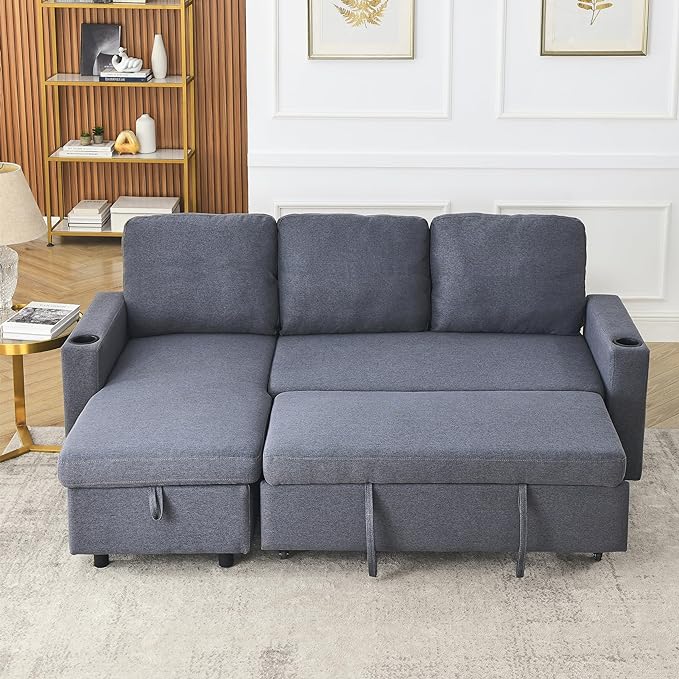 Reversible Sleeper Sectional Sofa with Storage Chaise and Pull Out Bed, L Shaped Linen Upholstery Convertible Corner Couch Sofabed with Cup Holders & Side Pockets for Living Room Office - LeafyLoom
