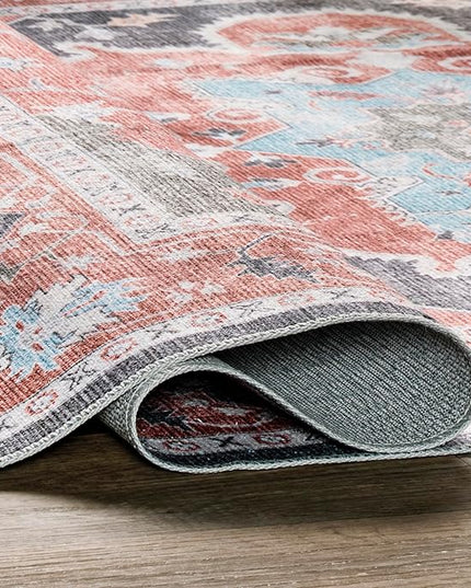 nuLOOM Jay Persian Medallion Machine Washable Ultra Thin Area Rug, 5' x 8', Red - LeafyLoom