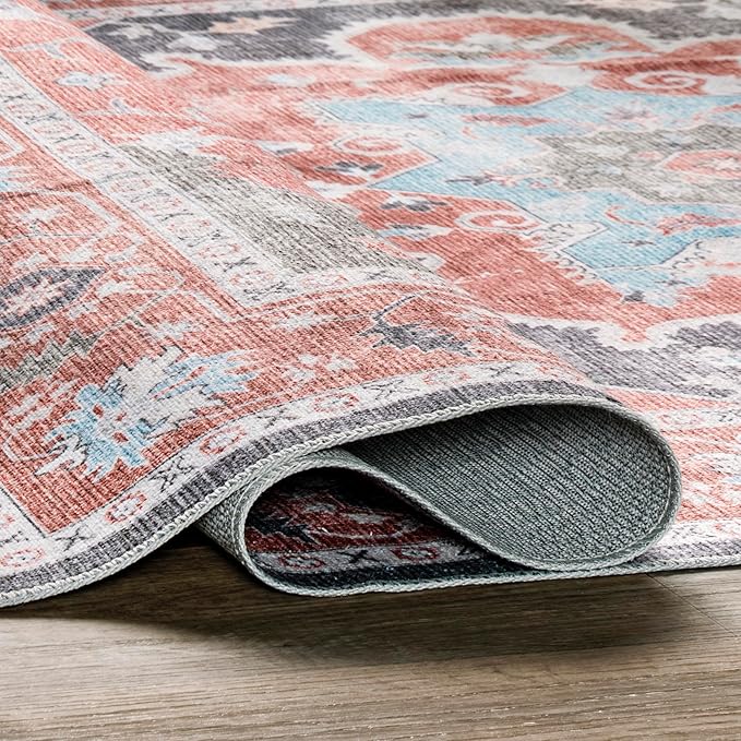 nuLOOM Jay Persian Medallion Machine Washable Ultra Thin Area Rug, 5' x 8', Red - LeafyLoom
