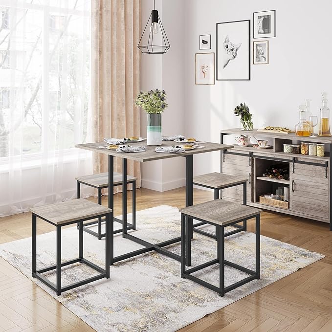 Yaheetech 5-Piece Dining Table Set - Industrial Kitchen & Chairs Sets for 4 Compact with Stools Space-Saving Design Apartment, Small Space, Breakfast Nook, Gray - LeafyLoom