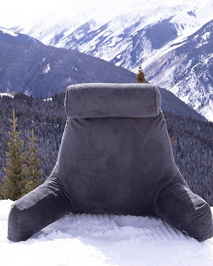Husband Pillow XXL Aspen Edition, Adult Reading Sit Up Bed Rest Pillow for Bed with Arms & Neck Roll on Bungee Cord - Premium Memory Foam - Reversible 2 Sided Cover Micro Suede or Plush, Iron Grey - LeafyLoom