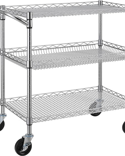 Finnhomy 3 Tier Heavy Duty Commercial Grade Utility Cart, Wire Rolling Cart with Handle Bar, Steel Service Cart with Wheels, Utility Shelf Plant Display Shelf Food Storage Trolley, NSF Listed - LeafyLoom