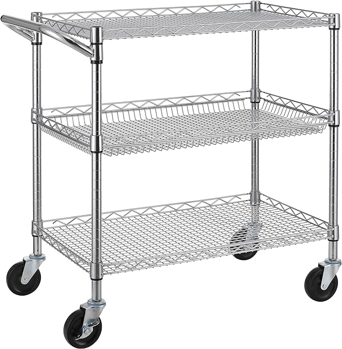 Finnhomy 3 Tier Heavy Duty Commercial Grade Utility Cart, Wire Rolling Cart with Handle Bar, Steel Service Cart with Wheels, Utility Shelf Plant Display Shelf Food Storage Trolley, NSF Listed - LeafyLoom